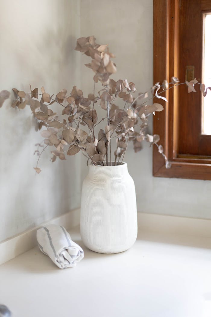A serene interior with a white vase of dried eucalyptus on a countertop, beside a window.